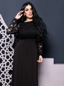 Modelyn Women Asymmetrical Collar Long Sleeve Lace Elegant Dress Long Evening Dresses - Black - View 2