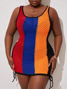 Maweii 大尺碼女士對比色中空毛衣連衣裙，適用於日常穿著 - 橘色 - 查看 3