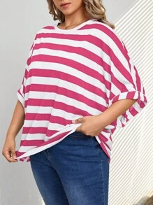 SHEIN LUNE 大尺碼條紋印花圓領夏季休閒T恤 - 玫紅色 - 查看 2