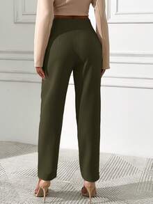 EURMUSE Solid Color High Waist Long Pants - Dark Green - View 2