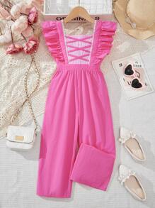 Young Girl Woven Solid Color Square Neck Ruffle Trim Loose Elegant Jumpsuit - Hot Pink - View 1