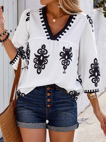 EMERY ROSE Cămașă la modă, cu decolteu în V, cu imprimeu aleatoriu, cu mâneci trei sferturi