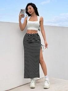 SHEIN EZwear Letnie stroje Czarno-biała spódnica w paski ze sznurkiem i rozcięciem za udo - Czarne i Białe - Zobacz 3