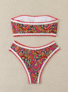 Women's Summer Beach Plant Print Bandeau Sexy Bikini Set, Random Print - Multicolor - View 2