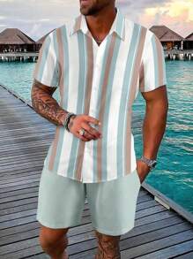 Manfinity Homme Men's Plus Size Summer Casual Striped Short Sleeve Shirt And Solid Color Shorts Set - Mint Green - View 3