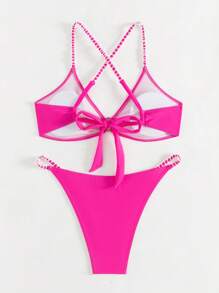 Women's Summer Beach Plain Circular Link Cross Back Sexy Bikini Set - Hot Pink - View 2