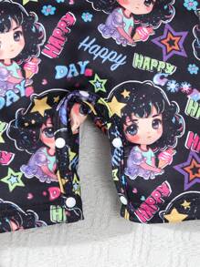 Two Girls' Purple Cartoon Allover Print Stylish Sleeveless Romper, Summer - Multicolor - View 4