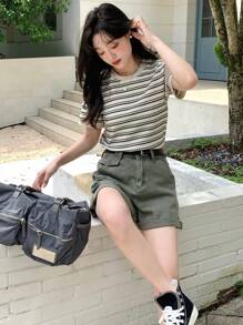 DAZY 女士條紋印花圓領短袖休閒T恤，夏季款