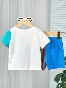 SHEIN 男女寶寶休閒針織彩塊短袖T恤配彈性腰短褲套裝，適用於夏季 - 彩色 - 查看 9