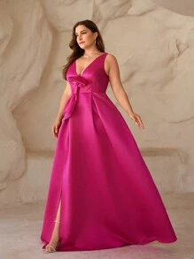 SHEIN Belle Váy dạ hội thanh lịch cỡ lớn màu đỏ sẫm với cổ chữ V sâu, xẻ cao và nơ bất đối xứng cho tiệc tối, tiệc cưới, tốt nghiệp, tiệc tối - Màu Hồng Tươi - Xem 4