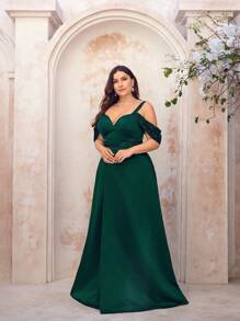 SHEIN Belle Váy chữ A xẻ cao vai khoét sâu đính hạt màu xanh lá cây đậm thanh lịch cỡ lớn cho những dịp trang trọng - Màu xanh lá cây đậm - Xem 3