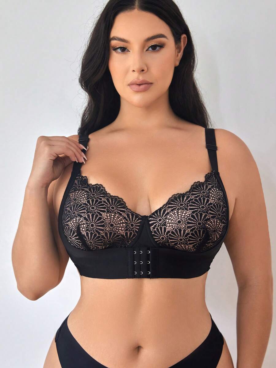 Brassiere inalámbrico de talla grande con encaje de parches, 1 pieza de lencería - Negro - Ver 1