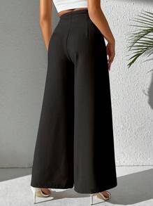 SHEIN PETITE Pantalones largos de uso diario lisos y sencillos para damas - Negro - Ver 2