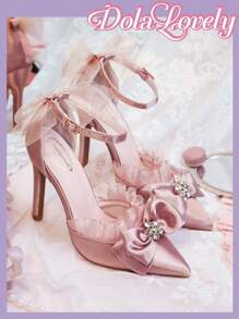 Dola Lovely Women's High Heel Stiletto Pointed Shoes In Pink, Butterfly Flower Faux Pearl Ankle Strap With Rhinestone Buckle, Suitable For Romantic Gift, Party Or Gathering Spring Shoes Spring Break Easter For Christmas Fairycore Fall Shoes - Dusty Pink - View 2