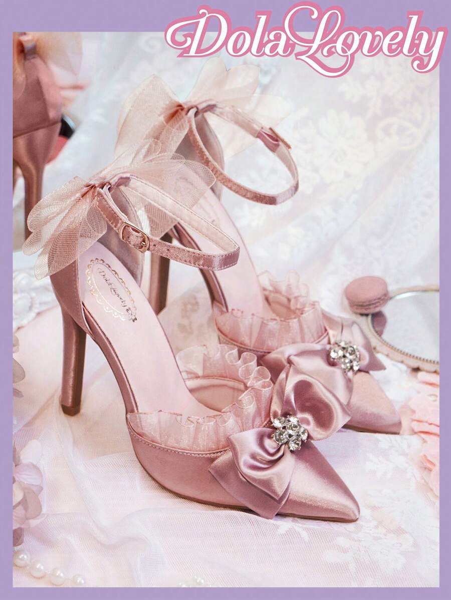 Dola Lovely Women's High Heel Stiletto Pointed Shoes In Pink, Butterfly Flower Faux Pearl Ankle Strap With Rhinestone Buckle, Suitable For Romantic Gift, Party Or Gathering Spring Shoes Spring Break Easter For Christmas Fairycore Fall Shoes