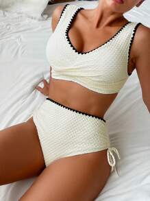 SHEIN Swim Conjunto de biquíni sexy feminino com acabamento floral para praia no verão - Branco - Ver 3
