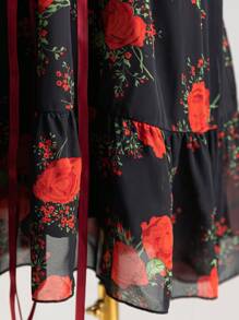 Soleia Black Base With Red Rose Floral V-Neck Tie Waist A-Line Romantic Casual Holiday Plus Size A-Line Dress - Multicolor - View 5
