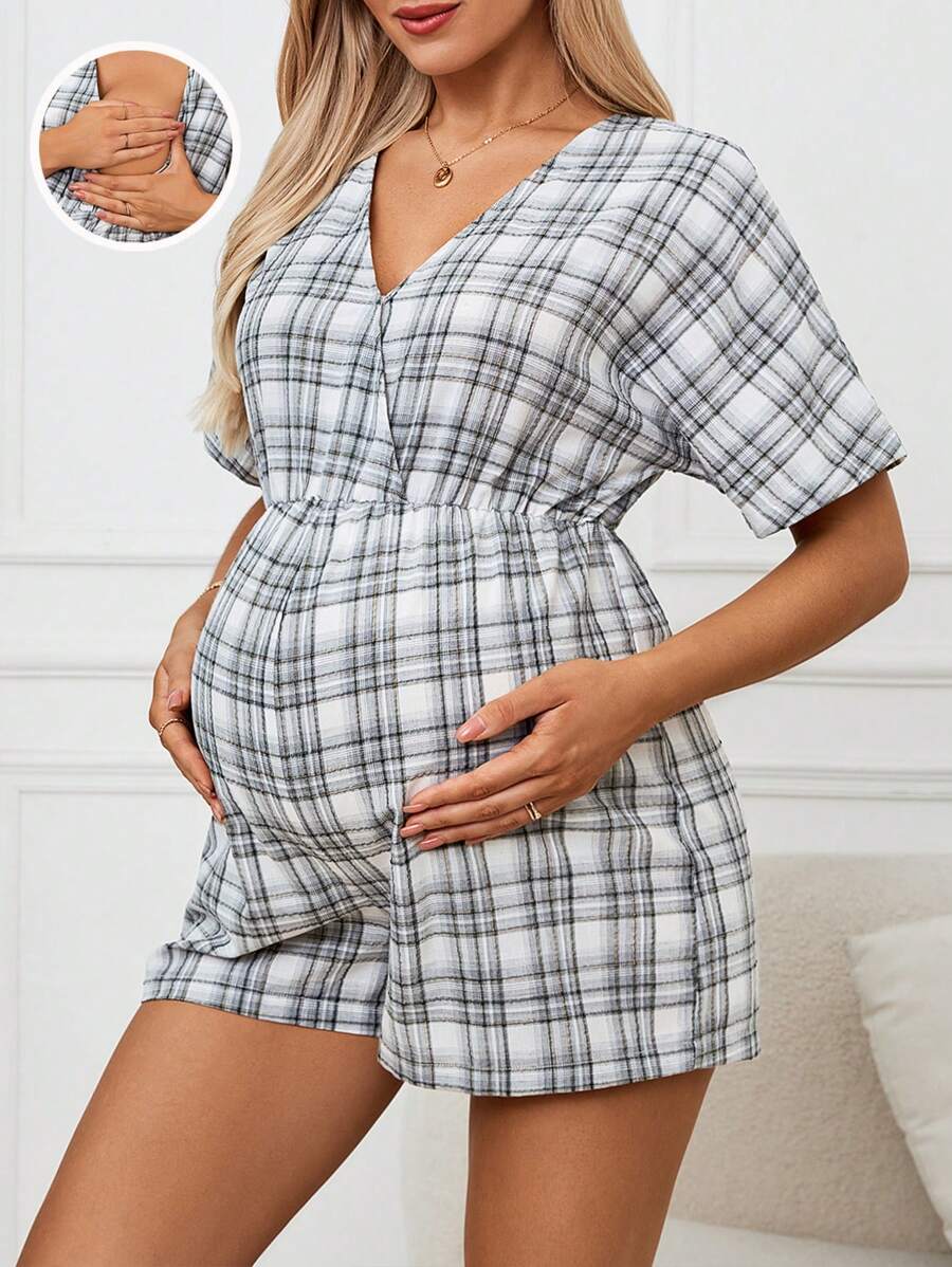 SHEIN 孕婦休閒和辦公室年輕款V領短袖連身褲 - 灰色 - 查看 1