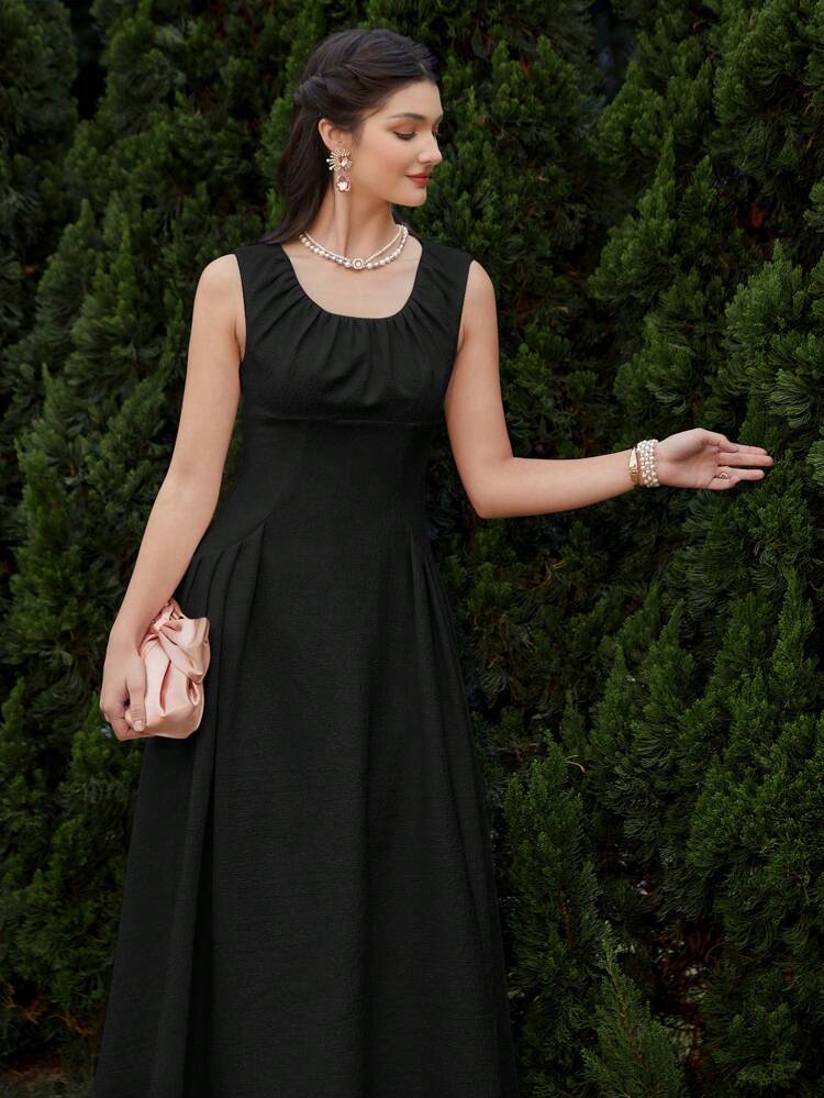 Women's Fashionable Simple Solid Color Elegant Slim Waist A-Line Dress Long Evening Dresses