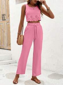 Breezaya Set áo crop top và quần dài màu trơn cho kỳ nghỉ và giải trí - Hồng - Xem 7