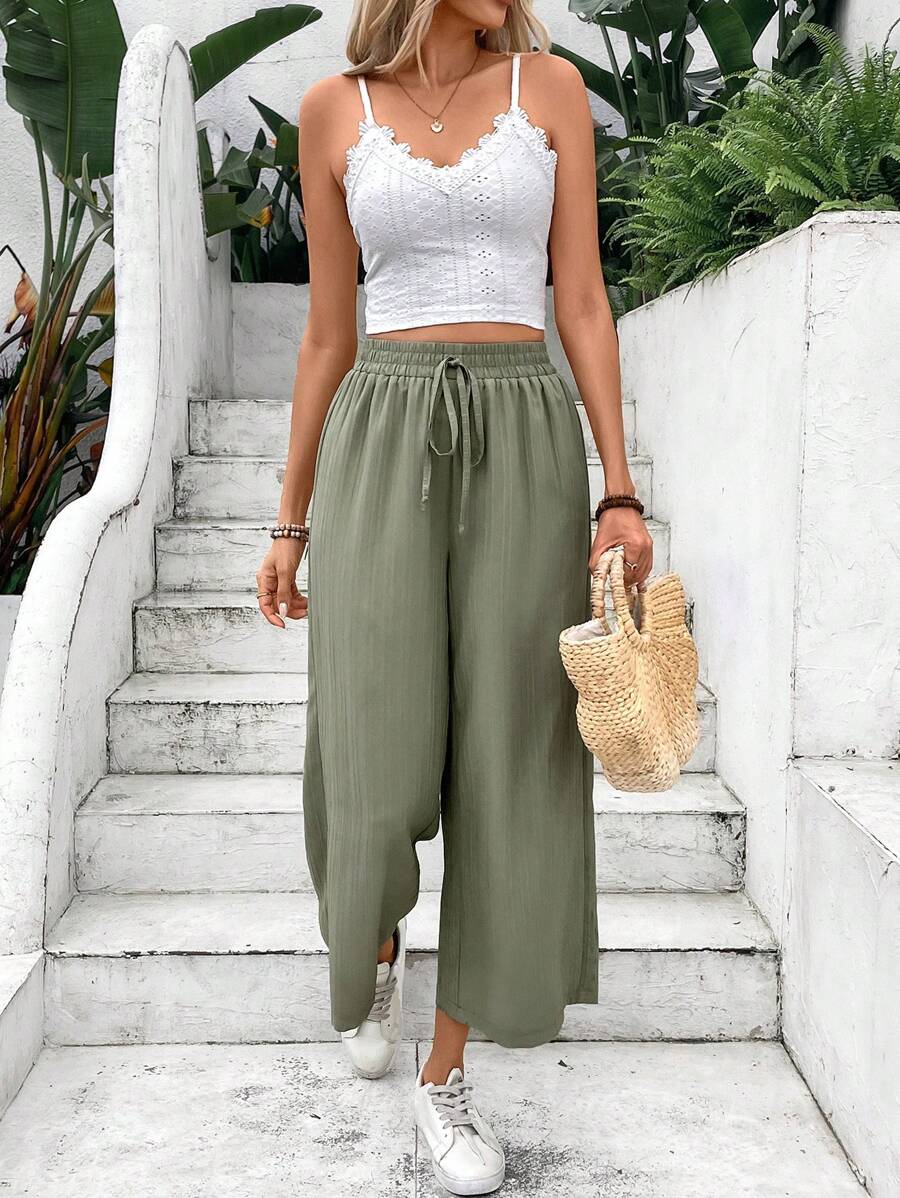 SHEIN Frenchy Bộ áo yếm và quần âu mùa hè màu trơn dành cho nữ - màu xanh lá - Xem 1