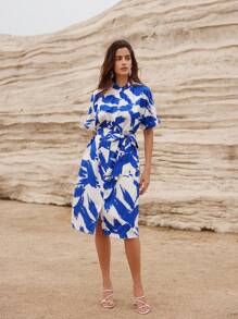 Aveloria Splatter Paint Brushstroke Print Belted Stand Collar Ruched One-Piece Sleeve Dress - Multicolor - View 3