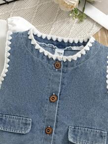 3pcs Fashionable Baby Girls' Puff Sleeve Shirt And Embroidered Denim Top, Simple Denim Pleated Skirt - Navy Blue - View 5
