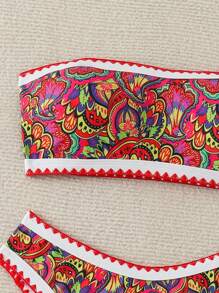 Women's Summer Beach Plant Print Bandeau Sexy Bikini Set, Random Print - Multicolor - View 3