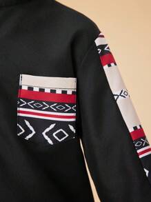 SHEIN 2入組年輕男孩時尚拼接印花設計套裝，包括長袖襯衫和休閒短褲，適合春夏郊遊和休閒度假 - 黑色 - 查看 6