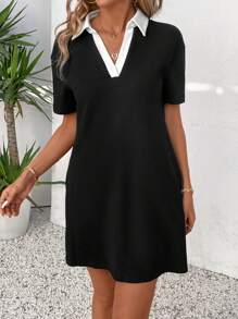 SHEIN LUNE Vestido corto recto negro sencillo de verano con cuello blanco y diseño de bloque de color, ropa cómoda para mujeres - Negro - Ver 1