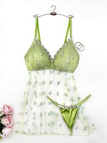 Mesh Embroidered Plus Size Sexy Lingerie Dress + Thong Set - Olive Green - View 1