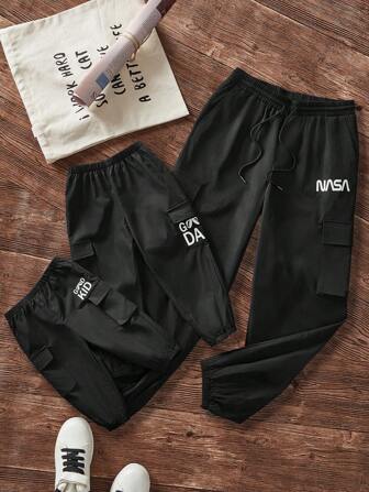 Manfinity Homme Father's Day Men's Woven Long Alphabet Printed Casual Straight Tapered Pants, Suitable For Daily Wear In Spring And Summer