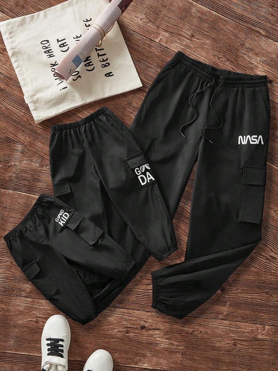 Manfinity Homme Father's Day Men's Woven Long Alphabet Printed Casual Straight Tapered Pants, Suitable For Daily Wear In Spring And Summer - Black - View 1