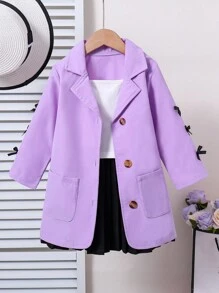 SHEIN 女孩通勤休閒時尚淺紫色西裝外套和裙子套裝
搭配經典的黑色百褶裙和白色短袖上衣，讓她的穿著風格更上一層樓。這款優雅時尚的服裝非常適合愛時尚和表達自我的孩子。 - 紫色 - 查看 1