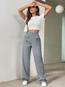 SHEIN Privé Quần dài có túi màu trơn đơn giản và thanh lịch cho nữ - Xám - Xem 4