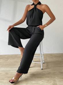SHEIN LUNE Women's Solid Color Off-Shoulder Simple Daily Wear Top And Pants 2 Pieces Set