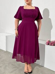Modelyn Plus Size Solid Color Square Neckline Ruffle Sleeve Pleated Party Dress