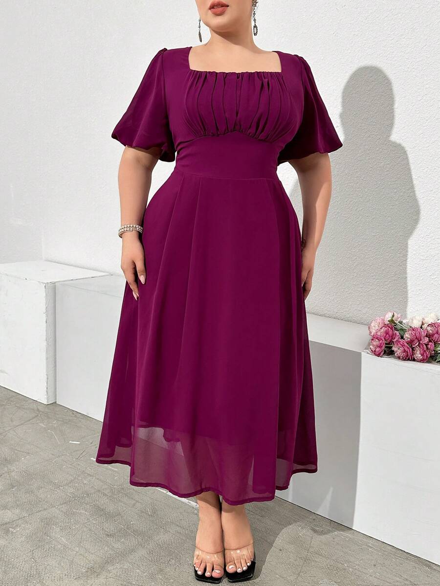 Modelyn Plus Size Solid Color Square Neckline Ruffle Sleeve Pleated Party Dress