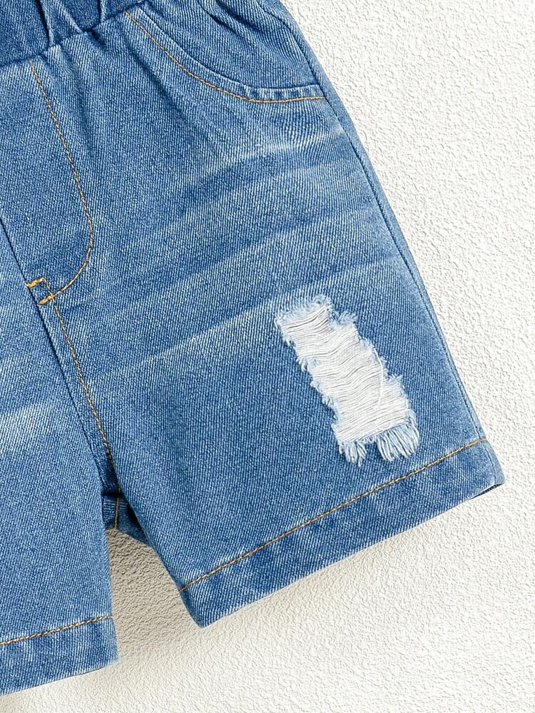 2pcs Baby Boys Short Sleeve Romper With Hat, Fashion T-Shirt & Denim Shorts Set