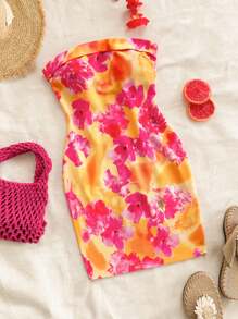 Soleia WYWH假期橙色花卉針織無肩帶迷你連衣裙女款 - 彩色 - 查看 1
