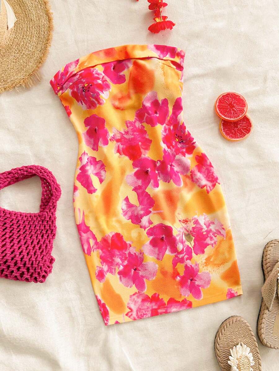 Soleia WYWH假期橙色花卉針織無肩帶迷你連衣裙女款 - 彩色 - 查看 1