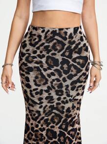 ROMWE Falda larga con cola de pescado con estampado de leopardo para mujer de moda de verano - Multicolor - Ver 2