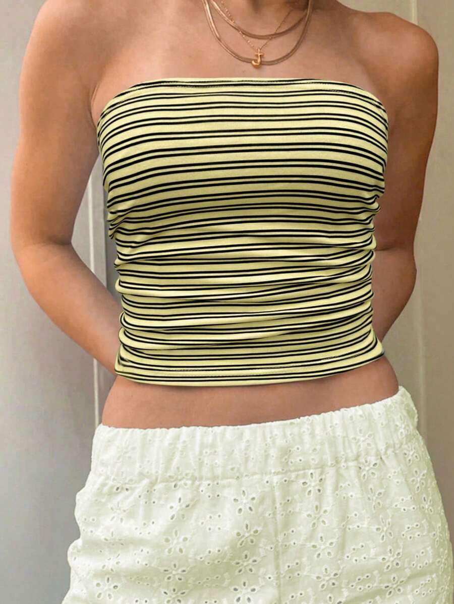 INAWLY Summer Casual Color Block Striped Slim-Fit Short Strapless Top ...