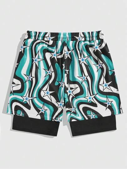 Prep Shorts de plage décontractés à taille à cordon de serrage pour homme, larges rayures avec impression d'étoiles et de vagues