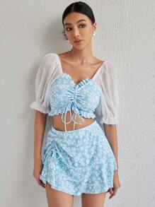 DAZY 女士夏季沙灘花卉印花荷葉邊露肩短袖比基尼套裝，3入組 - 彩色 - 查看 7