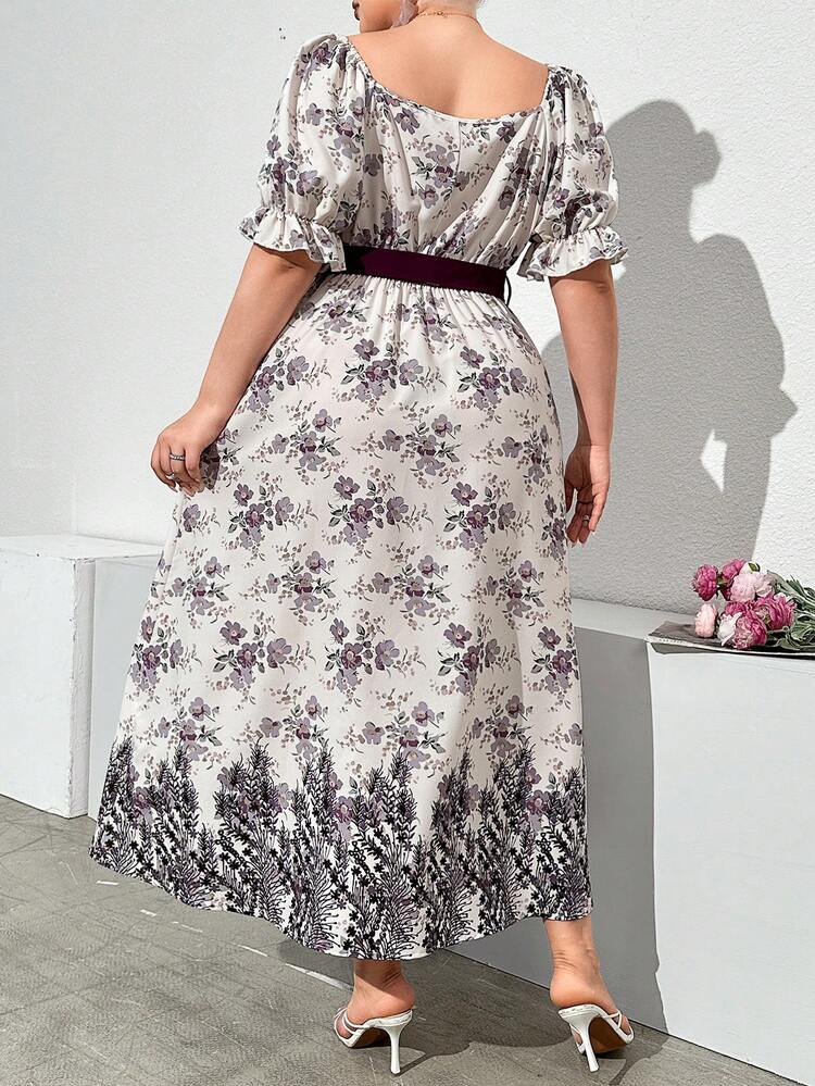 Plus Size Floral Ina Lake Style Belted Short Sleeve Dress, Summer Elegant