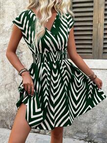 SHEIN Clasi Women's Summer Casual Striped & Printed Shirred Short Sleeve Belted Dress - Dark Green - View 5
