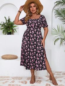 SHEIN VCAY 大尺碼女性時尚夏季甜美印花收腰分開式裙子 - 粉色 - 查看 5