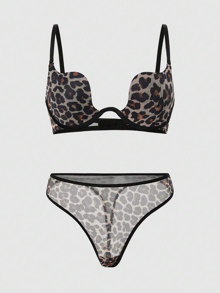 Women's Mesh Splicing Leopard Print Bra And Triangle Underwear Set, Lingerie
