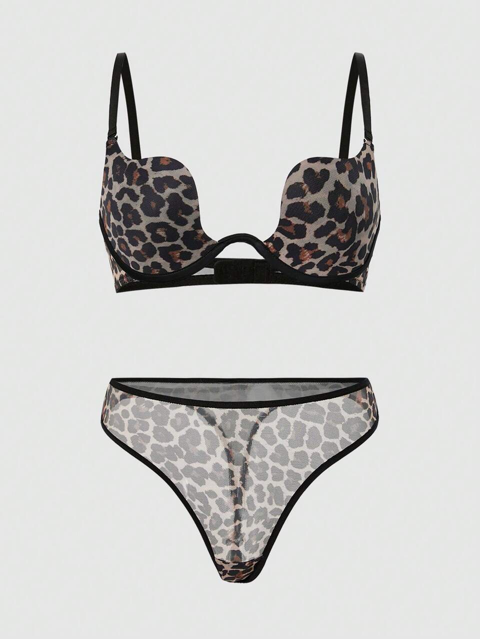 Women's Mesh Splicing Leopard Print Bra And Triangle Underwear Set, Lingerie